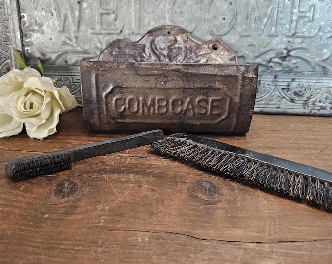 Antique Tin Comb Case with Two Brushes