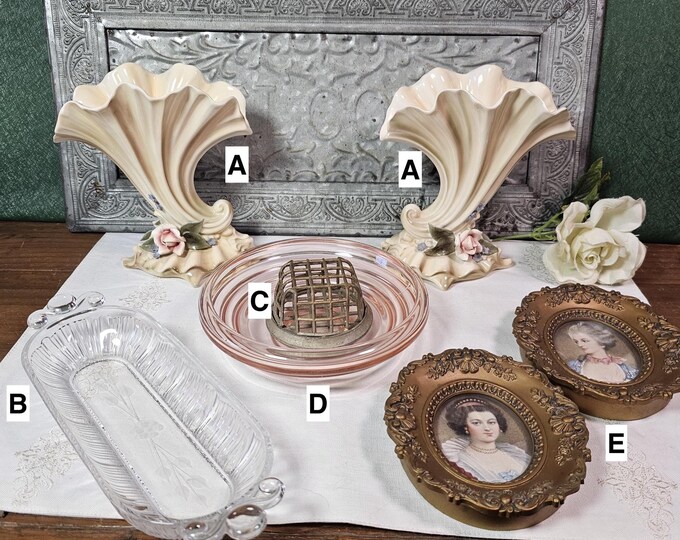 Vintage Victorian Decor: Florence Ceramics Vase, Metal Frog, Framed Cameo Prints, or Depression Glass