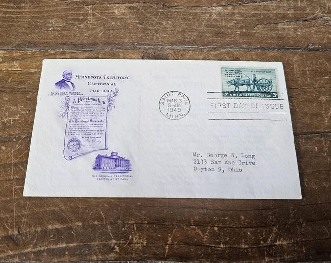 1949 Minnesota Territory Centennial, 1849-1949 Stamp First Day Issue and Cover Cachet
