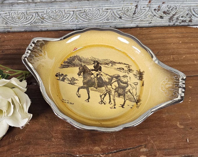 Rare Antique Ridgways Coaching Days Round Serving Dish with Platinum band - English Transferware