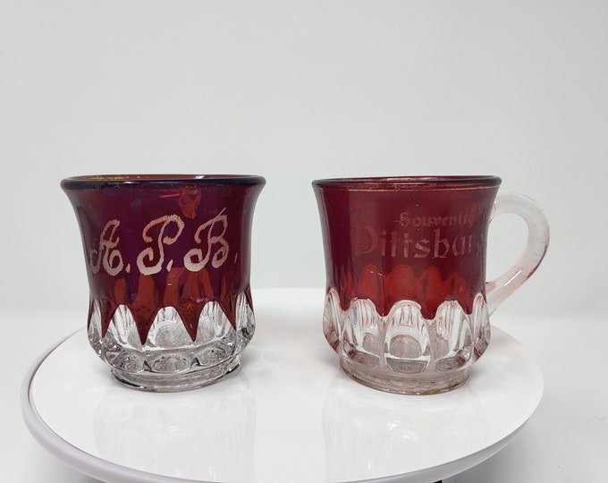 2 Cups EAPG Souvenir Glass Ruby Flash Ruby Stain Blocked Thumbprint, 1897-1920