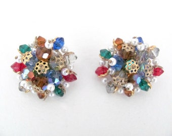 Vintage Bead Cluster Brooch, Earrings Set, 1960's Red, Blue