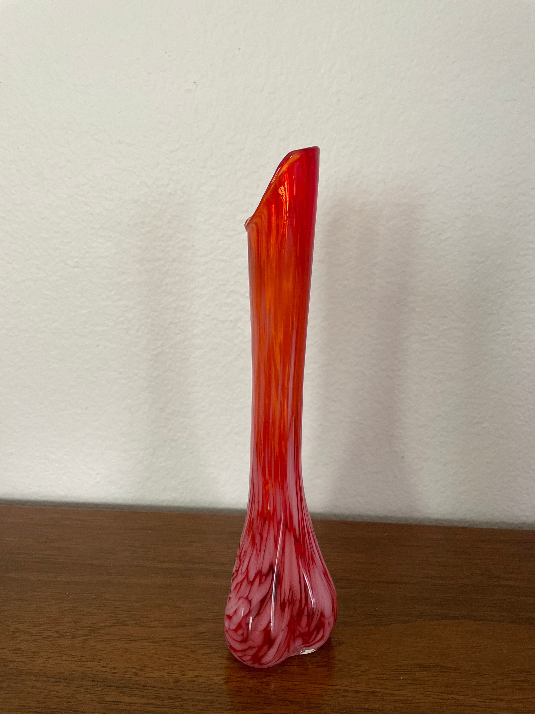 Vintage Red Glass Vase, 1960's Red-orange With White Swirls