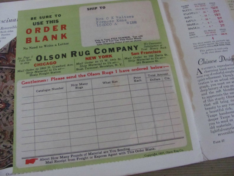Vintage Rug Catalog 1930's Olson Rug Company Catalog Etsy