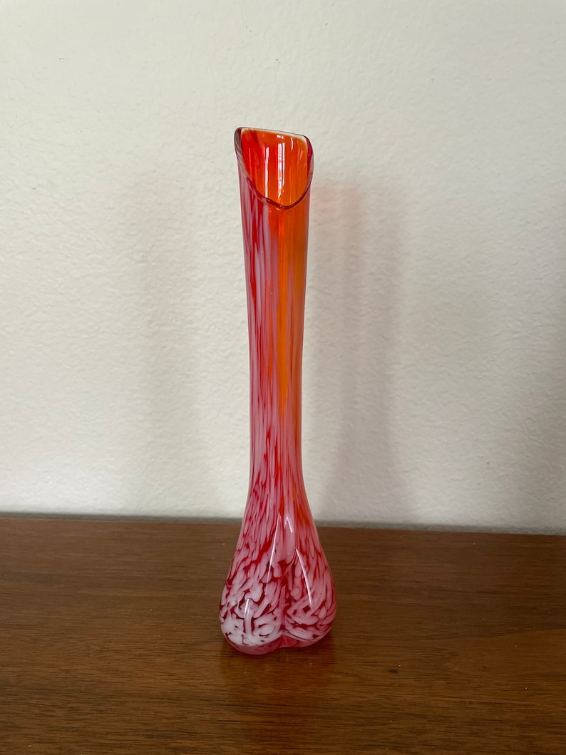 Vintage Red Glass Vase 1960's Redorange With White Etsy