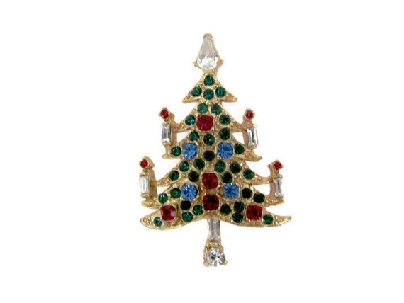 Broszka Vintage Choinka Lat 60 Tych Rhinestone świeca Broszka Choinka Christmas Tree Pin Wakacje Retro 1960 S Christmas Biżuteria