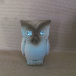 Vintage Owl Figurine, 1970&#39;s Rhinestone Eye Owl Figurine, Blue and Brown Ceramic Owl, Woodland Owl, Mid Century, 1970&#39;s Decor