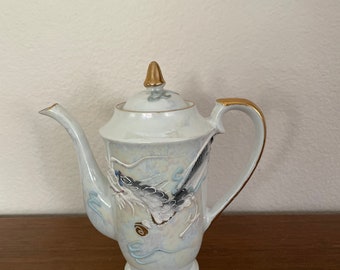 Vintage White Dragon Teapot, 1950's Moriage Dragonware Teapot, Hand Painted, Occupied Japan, Luster Finish, Mid Century Decor