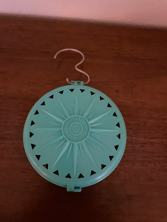 Vintage Plastic Moth Ball Holder, 1960's Aqua Blue Closet Hanging