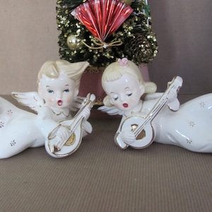 Vintage Christmas Angels, 1950s Musical Angel Figurines, Wall Plaques, Boy, Girl Angels, Japan Figurines, 1950s Christmas Decor, Mid Century
