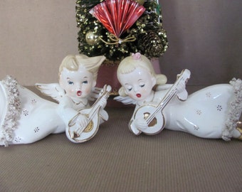 Vintage Christmas Angels, 1950s Musical Angel Figurines, Wall Plaques, Boy, Girl Angels, Japan Figurines, 1950s Christmas Decor, Mid Century