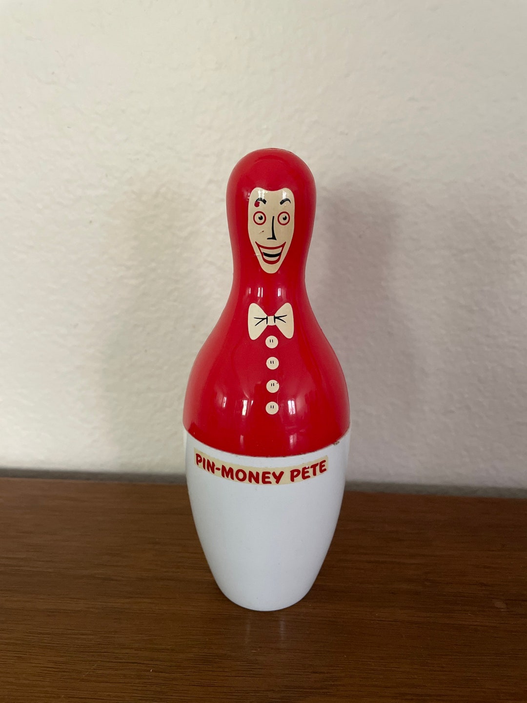 Vintage Bowling Pin Bank, 1960's Pin Money Pete Plastic Bowling Pin