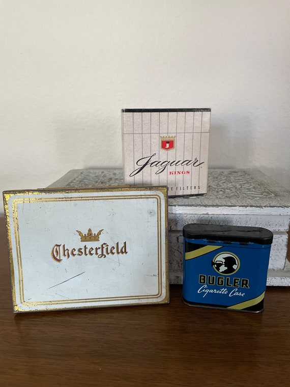 cigarette tin box Vintage Tobacco Tin Lot, 1960s Empty Cigarette Tins, Box, Chesterfield,  Bugler, Jaguar Kings, Vintage Tobacco Collectibles