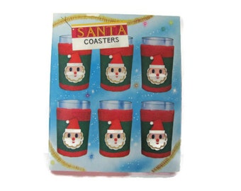 Vintage Christmas Coasters, 1970's Santa Coaster Set, Terrycloth Coasters, Mid Century, Christmas Decor, Vintage Santa