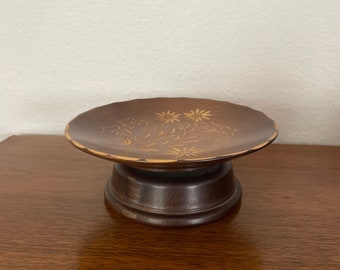 Vintage Wood Pedestal Bowl, 1980's Carved Wood Pedestal Dish, Musical Dish, Rotating Pedestal Dish, 1980's Decor