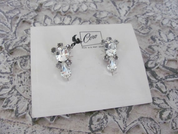 Vintage Rhinestone, Teardrop Earrings, 1960's Coro Clear Rhinestone Earrings, Screw Back Earrings, NOS, Bridal Earrings, Jewelry