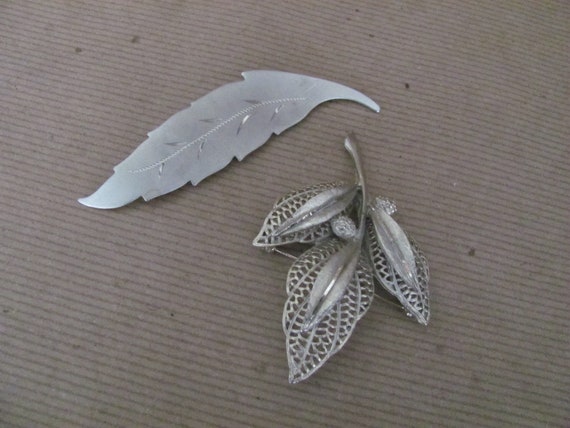 Vintage Leaf Brooches, Pins, 1970's Silver Leaf B… - image 1