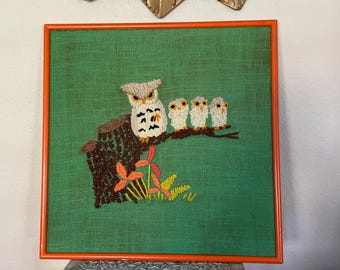 Vintage Owl Crewel Picture, 1970's Mod Owl and Baby Owls Framed Crewel Picture, Completed Crewel, 1970's Mid Century Decor