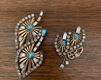 Vintage 1940s Art Deco Brooches: Gold Tone Rhinestone Leaf Pins