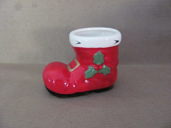 Vintage Christmas Boot, 1950's Lefton Boot Figurine, Mini Planter, Ceramic Red Boot, 1950's Christmas Decor, Decoration, Mid Century