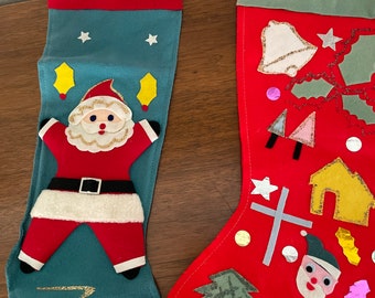 Vintage Christmas Stockings, 1960's Felt Christmas Stockings, Japan Santa Stockings, Red and Green, 1960's Christmas Decor