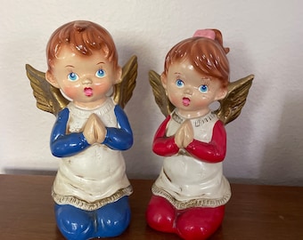 Vintage Christmas Angels, 1960's KN Japan Boy and Girl Angel Figurines, Paper Mache, Plaster Angels, 1960's Christmas Decor, Mid Century