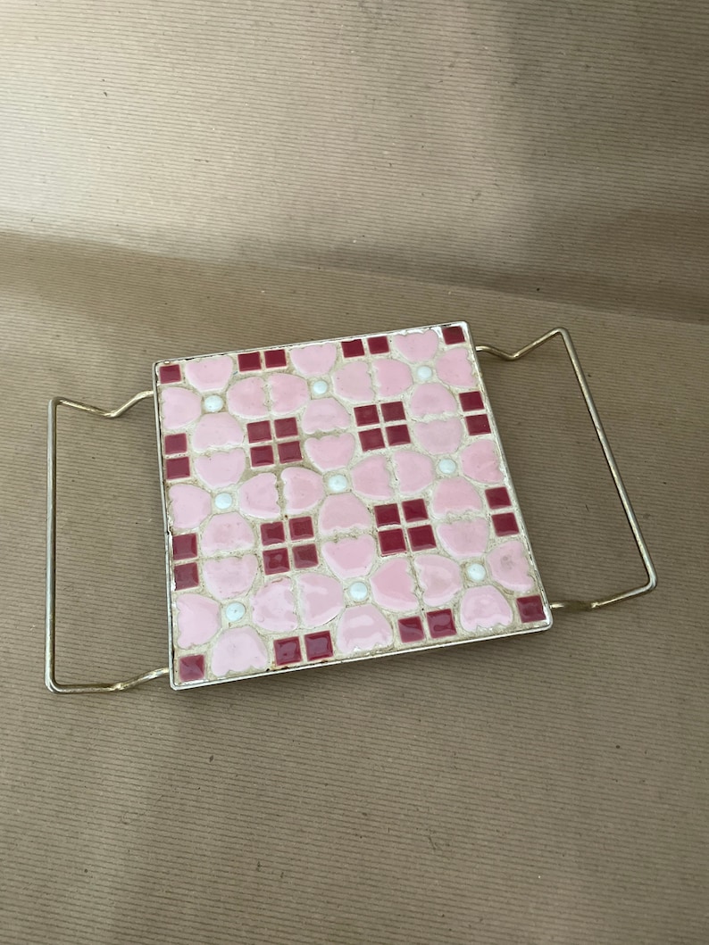 Vintage Mosaic Tile Trivet, 1970's Metal and Tile Trivet, Pink Flower, 1970's Decor, Mid Century Decor