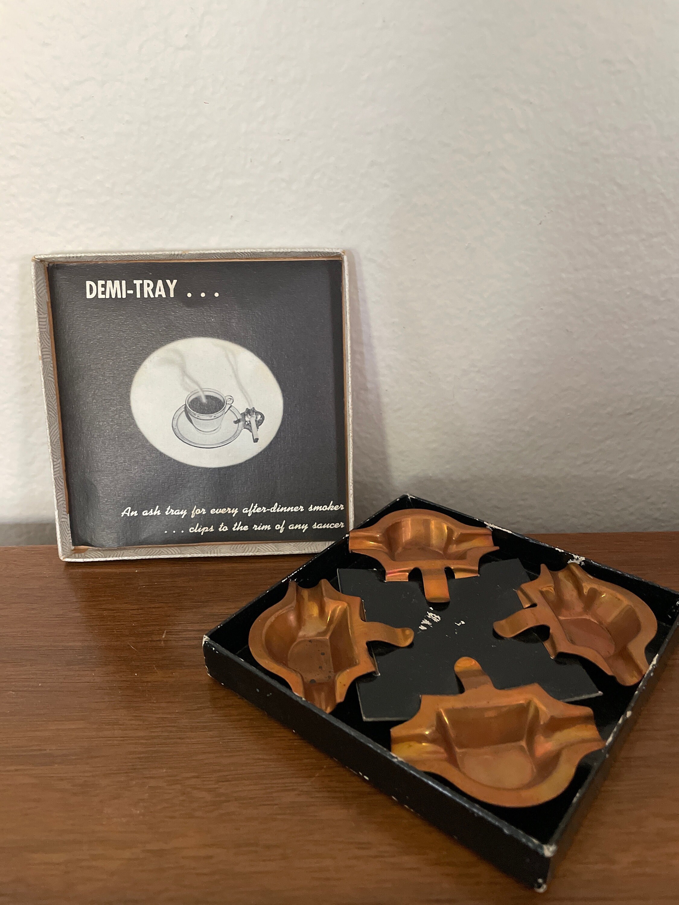Vintage Ashtray Set, 1960's Demi-tray Copper Mini Ashtrays, Clip
