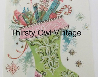 Digital Download, Vintage Christmas Image, 1960's Christmas Card, Pink Christmas Stocking, Merry Christmas, Printable Image, Scrapbooking