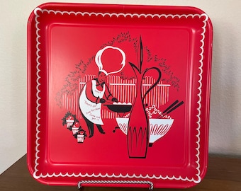 Vintage Red Metal Barbecue Tray, 1950&#39;s Marcelline Stoyke Chef Barbecue Salad Design, Square Decorative Tray, 1950&#39;s, Mid Century Decor