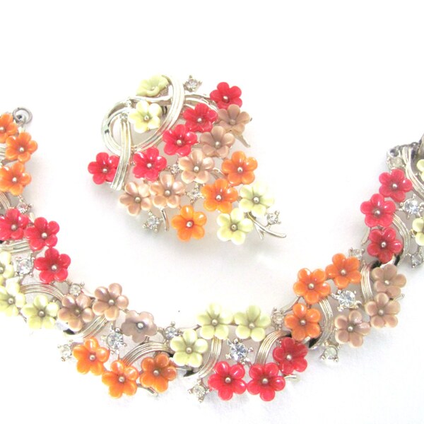 Vintage Flower Bracelet and Brooch Set, 1960's Coro Thermoset Flower Bracelet, Brooch, Red, Orange, Yellow