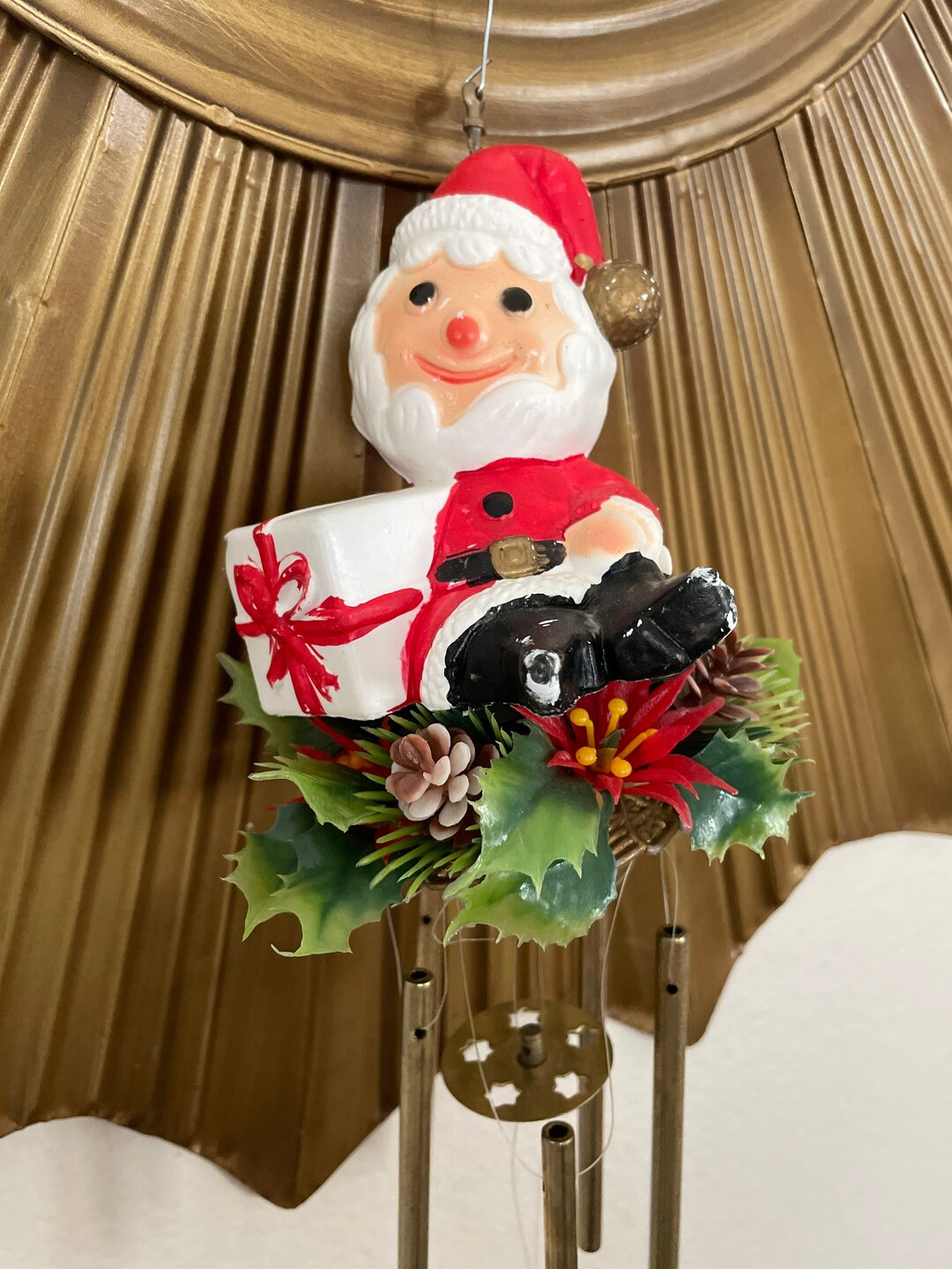 Vintage Christmas Wind Chime, 1970's Plastic Santa and Brass Wind Chime