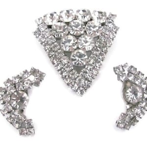 Vintage Rhinestone Brooch, Earrings Set, 1960&#39;s Art Deco Style Brooch, Clip On Earrings, Bridal, Wedding Jewelry, 1960&#39;s Brooch, Earrings