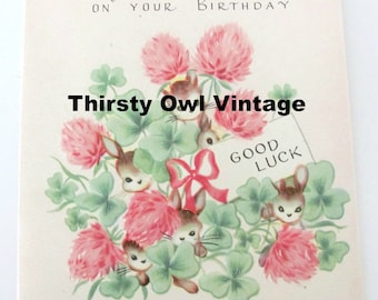 Digital Download, Vintage Shamrock, Bunny, 1950's Bunny, Shamrock Birthday Card Image, Birthday Image, Printable Image, Scrapbooking