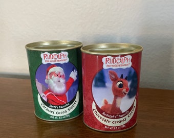 Vintage Christmas Rudolph Tins, 2000's Rudolph and Santa Cocoa Tins, Empty Cocoa Tins, Rudolph Red Nosed Reindeer Collectibles