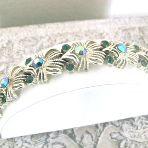 Vintage Green Rhinestone Bracelet, 1960's Coro Gold Bracelet, Emerald Green Bracelet, 1960's Bracelet image 1