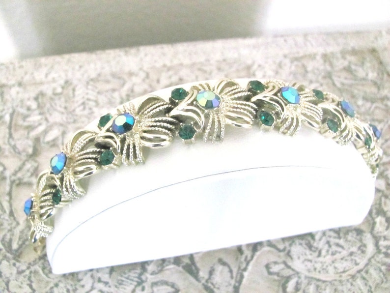 Vintage Green Rhinestone Bracelet, 1960's Coro Gold Bracelet, Emerald Green Bracelet, 1960's Bracelet image 1