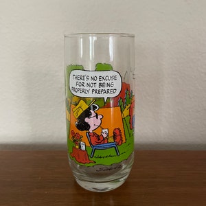 Vintage Peanuts Glass, 1980&#39;s McDonald&#39;s Camp Snoopy Glass, Lucy, Sally, Snoopy, Charlie Brown, Being Prepared, Peanuts Collectible Glass,