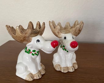 Vintage Christmas Reindeer Candle Holders, 1970's Fitz and Floyd Red Nosed Moose Votive Candle Holders, Set of 2, 1970's Christmas Decor
