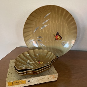 Vintage Gold Lacquer Plate Set, 1960&#39;s Catalina Lacquerware Butterfly Serving Plate, Shell Shape Plates, 1960&#39;s, Mid Century, Mod Decor