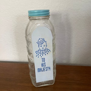 Vintage Glass Baby Bank, 1960&#39;s Samuel Callet Co. Baby Bottle Bank, To His Majesty, Baby Boy Gift, 1960&#39;s, Mid Century, Nursery Decor