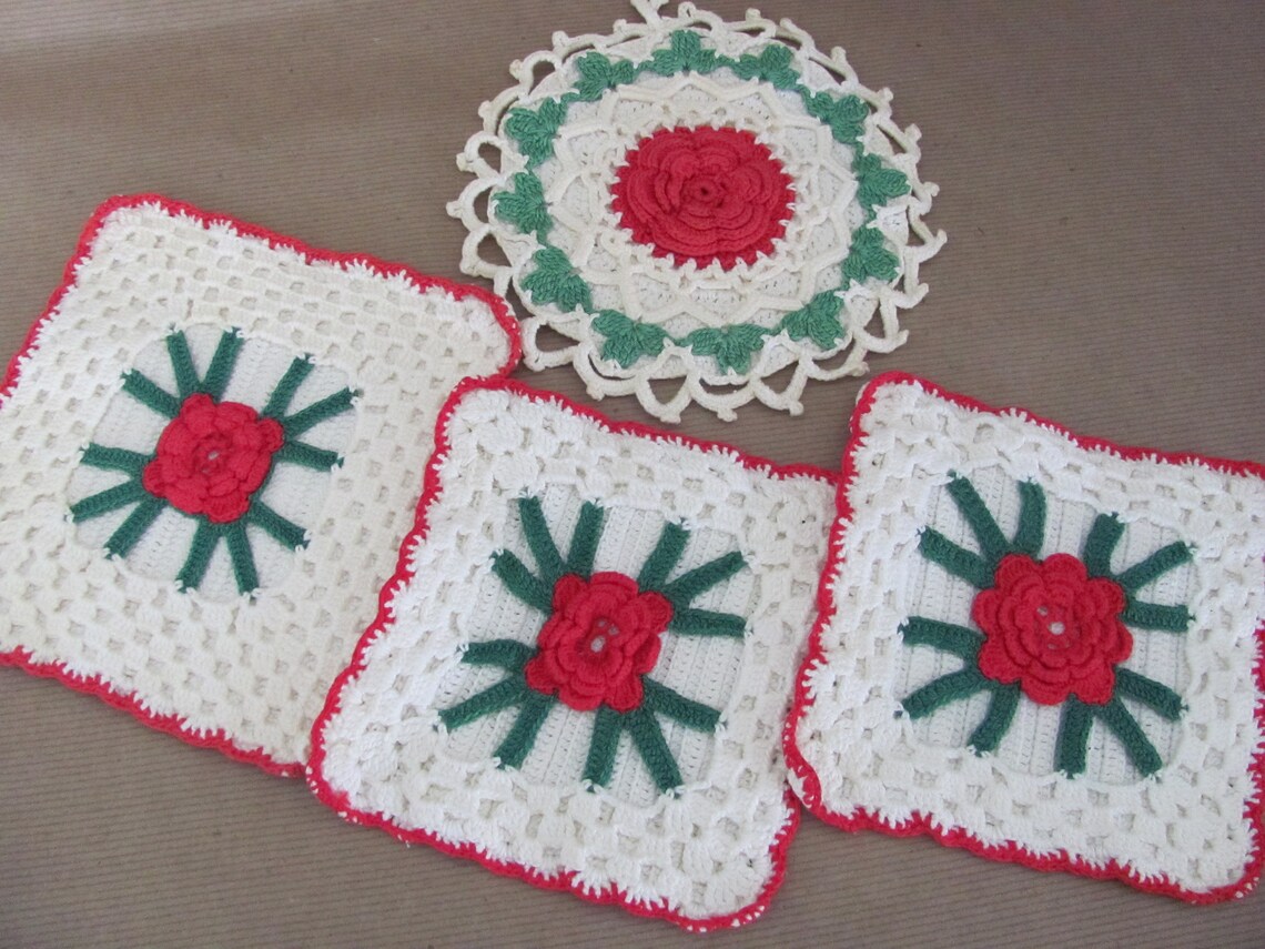 Vintage Crochet Pot Holders 1960's Red Rose Pot Holders Etsy