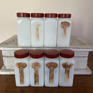 Vintage Milk Glass Spice Jar Set, 1940&#39;s Griffith&#39;s Spice Jars, Red Lids, Set of 8, 1940&#39;s Kitchen Decor, Collectible Jars