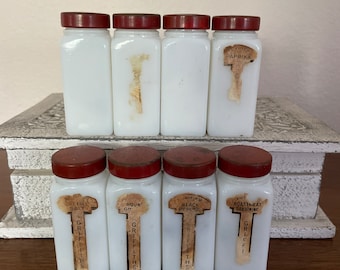 Vintage Griff Milk Glass Spice Jars 1940s Set of Seven With Red