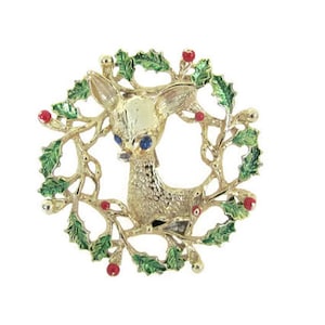 Vintage Christmas Reindeer Brooch, 1960&#39;s Gerry&#39;s Reindeer in Wreath Brooch, Christmas Pin, Holiday, Christmas Jewelry, 1960&#39;s Christmas