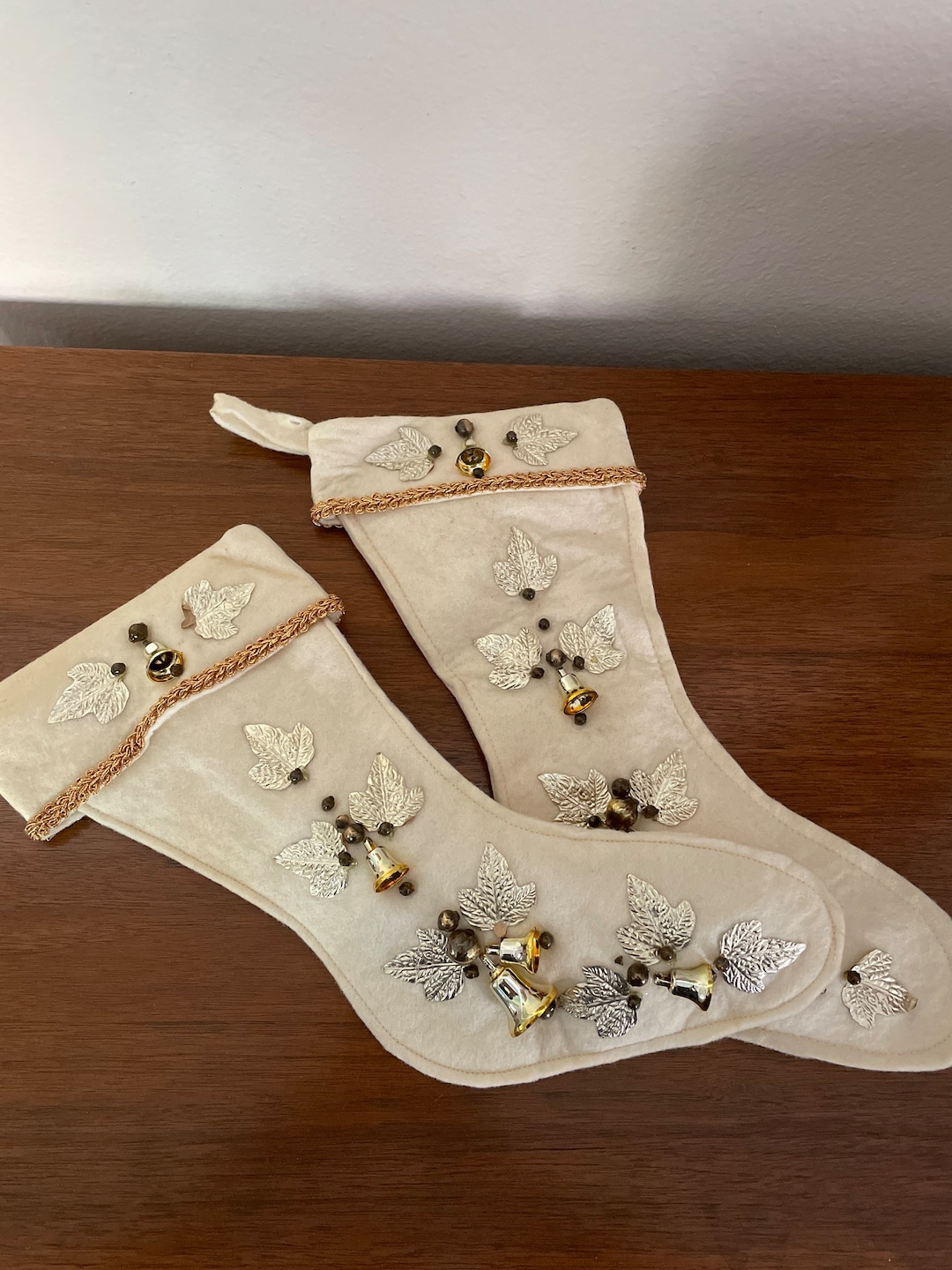 Vintage Christmas Stockings, 1960's White Felt Christmas Stockings