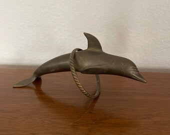 Vintage Brass Dolphin Figurine, 1970's Brass Dolphin Jumping Through Ring, 1970's Brass, Mid Century Modern Decor