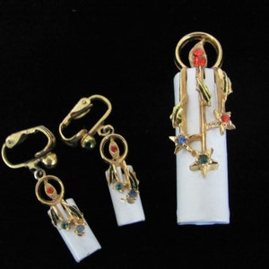 Vintage Christmas Brooch, Earrings Set, 1960&#39;s ART Candle Brooch, Pin, Candle Earrings, Clip On Earrings, 1960&#39;s Christmas, Holiday Jewelry