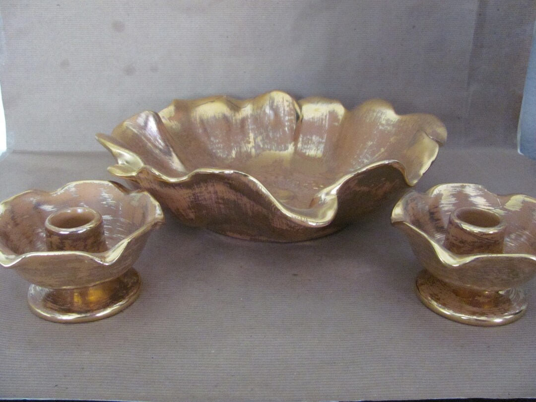 Vintage Console Bowl, Candle Holders, 1960's Stangl Granada Gold Hand
