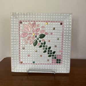Vintage Mosaic Tray, 1960's Mosaic Tile Tray, Plate, Display Plate, White and Pink, 1960's, Mid Century Decor